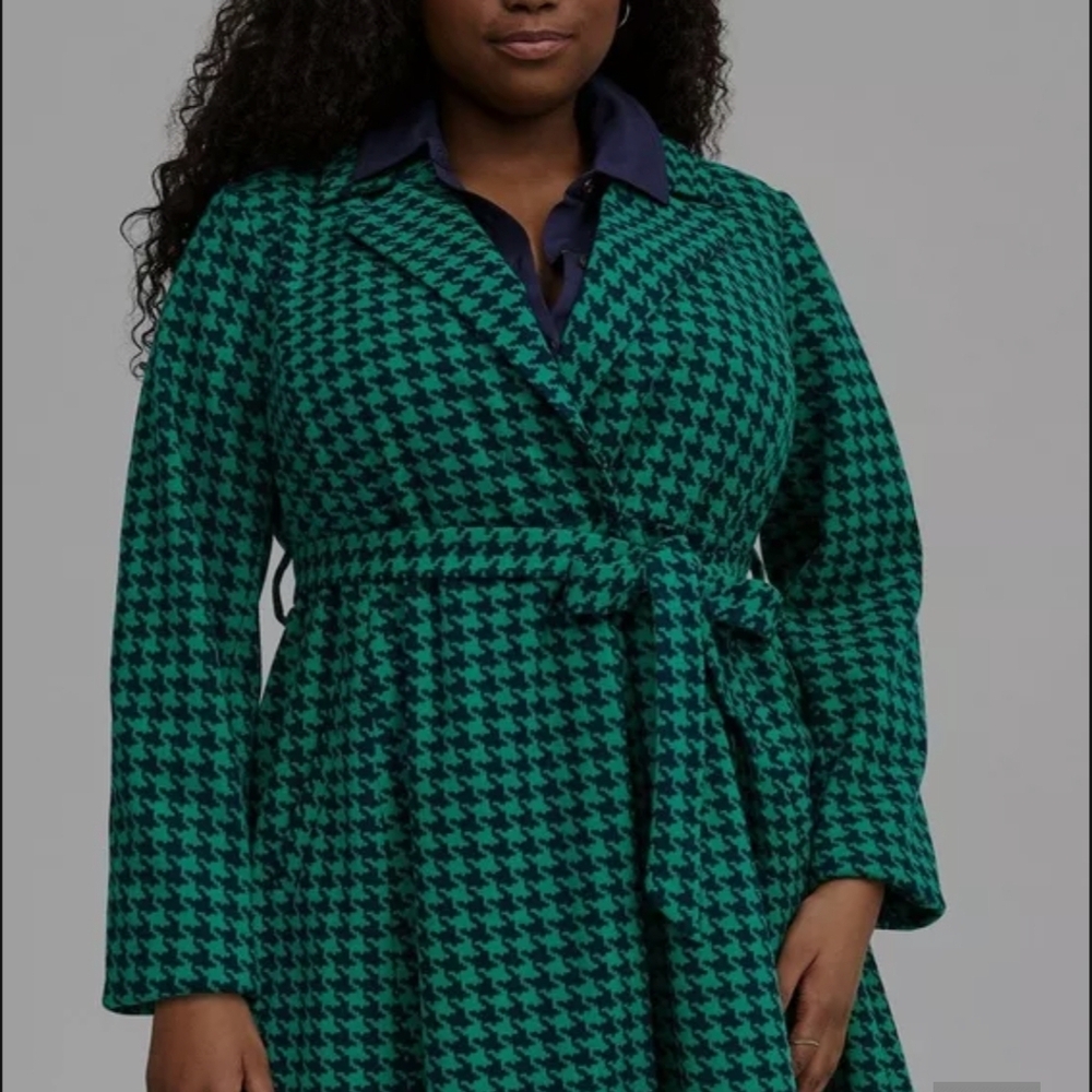 Green Houndstooth Belted Coat - Picture 1 of 6